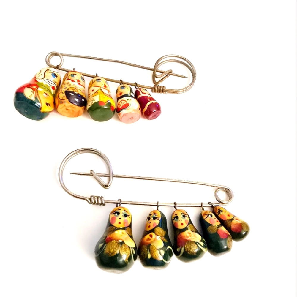 vintage nesting doll safety pin brooches Two Piece